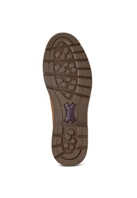 Suola in gomma marrone con un motivo a tassello esagonale e un accento centrale viola. Forma arrotondata con bordi curvi per una migliore trazione e stabilità.
