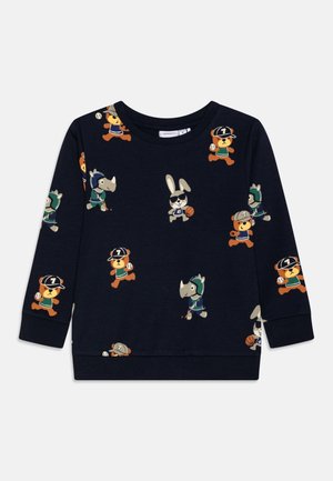 Sudadera de marina hecha de algodón con mangas largas, que presenta coloridos animales de dibujos animados practicando deportes, con puños y cuello de canalé.