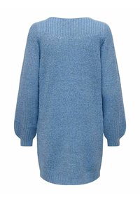 Pull en maille bleu à manches longues avec col rond, poignets et ourlet côtelés, présentant un motif en maille texturée sur toute la surface.