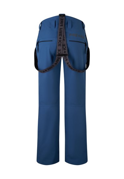 Niebieskie, wodoodporne spodnie charakteryzują się eleganckim wzornictwem, regulowanymi paskami oraz wieloma kieszeniami zapewniającymi funkcjonalność. Gładka tekstura i nowoczesny krój.