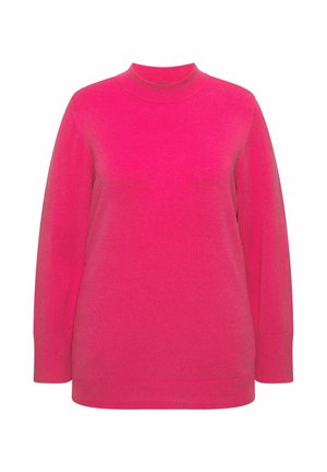 Fuchsia pink sweater with a high neck, long sleeves, and ribbed cuffs. Soft texture and relaxed fit. Smooth finish, no patterns or accents.
