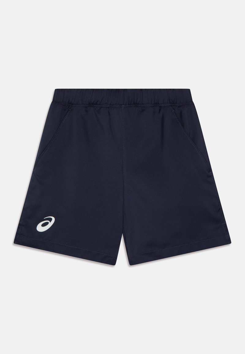 Marina blå träningsshorts i lätt tyg, med ett elastiskt midjeband, två sidofickor och en vit logotyp på vänster ben.