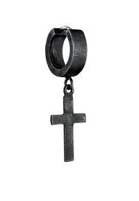 Svart metallörhänge med en texturerad korsberlock, med en slät st�ängning och en hänglänk. Minimalistisk design med en matt yta.