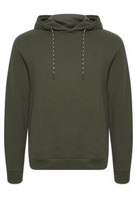 Olive green hoodie made of soft fabric, featuring a front kangaroo pocket, adjustable drawstring with patterned accents, and ribbed cuffs.