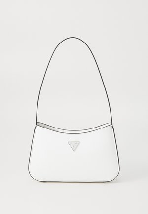 Sac à main blanc au design élégant et incurvé, doté d'une fine bandoulière noire et d'un accent logo triangle argenté. Texture lisse et détails minimaux.