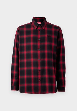 Must mustriba mustriba ja punaste ruutudega flanellpaita pikkade varrukatega, nööbid ees, terava kraega ja väike logo vasakul rinnal.