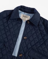Navy quilted jacket with a classic collar, two front pockets, brown buttons, and light blue lining. Barbour label on the inside.