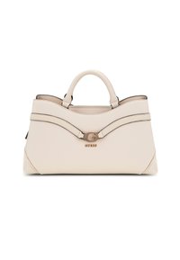 Beige leren handtas met een gestructureerde vorm, met een gebogen ontwerp, dubbele handvatten bovenaan en een verguld logoaccent.