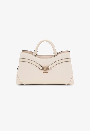 Sac à main en cuir beige avec une forme structurée, présentant un design courbé, des poignées supérieures doubles et un accent logo en ton doré.