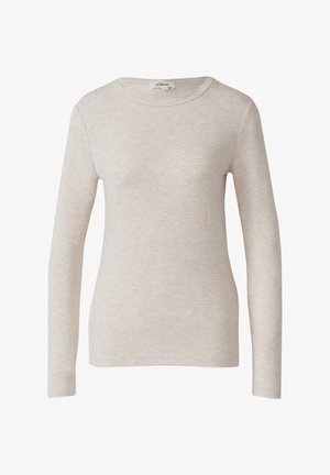 Beež pikaaheline ümarakaelusega särk, valmistatud pehmest ja kergest kangast, millel on kerge helesinise tekstuuriga, esitletud esiplaanil.