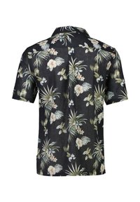 Camicia a maniche corte in tessuto nero con motivo floreale, foglie verdi, fiori beige e bianchi, e orlo dritto.