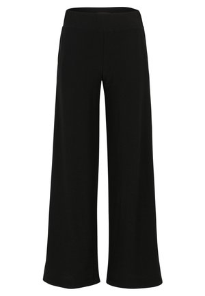 Zwarte wijde broek gemaakt van zachte stof. Voorzien van een elastische tailleband en een vloeiende pasvorm. Gladde textuur zonder zichtbare patronen of accenten.