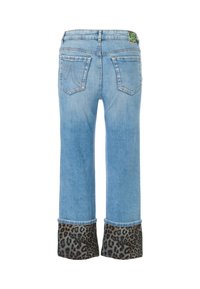 Light blue denim jeans with a wide cut, featuring leopard print cuffs and decorative stitching on the back pockets.