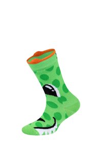 Lys grøn sok med et legende dinosaurdesign, sorte øjne, hvide tænder og orange kant foroven.