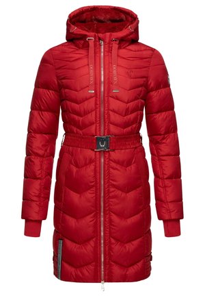 Red puffer jacket with a hood, featuring chevron quilted design, a belted waist, and zippered pockets with metallic accents.