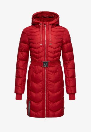 Red puffer jacket with a hood, featuring chevron quilted design, a belted waist, and zippered pockets with metallic accents.