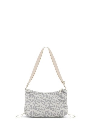 Light gray shoulder bag with a subtle leopard print pattern, beige adjustable strap, and zipper closure on top.