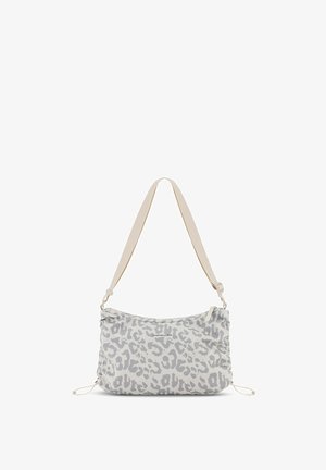 Light gray shoulder bag with a subtle leopard print pattern, beige adjustable strap, and zipper closure on top.