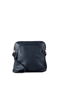 Navy leather crossbody bag with a smooth texture, front zippered pocket, and adjustable strap. Dimensions suitable for everyday use.