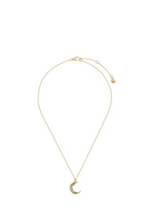 Delicate gold chain necklace with a crescent moon pendant adorned with small purple gemstones and leaf details.