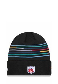 Schwarze gestrickte Mütze mit mehrfarbigen horizontalen Streifen und einem NFL-Logo-Patch auf der Vorderseite. Weicher Stoff, enganliegender Sitz und runder Kopf.