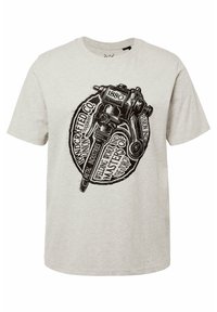 Grå bomulds t-shirt med et sort grafisk design af et svejseværktøj med tekst i en cirkulær layout. Korte ærmer, rund hals.