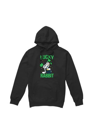 Black hoodie with cartoon rabbit wearing a green hat, shamrock, and text "Lucky Rabbit" in green on front center.