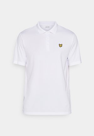 White polo shirt with short sleeves, classic collar, featuring a small yellow butterfly logo on the left chest. Made from smooth fabric.