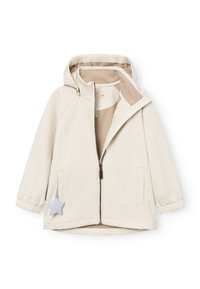 Cremfarbener Jacke mit Kapuze, zwei seitlichen Taschen und elastischen Bündchen. Ausgestattet mit einem braunen Reißverschluss, beiger Fütterung und einem sternförmigen Akzent.