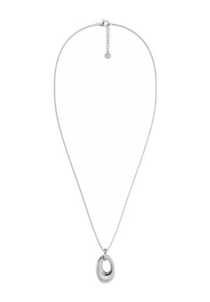 Srebrny naszyjnik łańcuszkowy z regulowanym zapięciem i gładkim, nieregularnym owalnym wisiorkiem zawieszonym na środku.