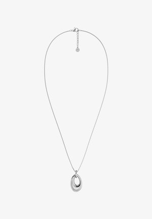 Srebrny naszyjnik łańcuszkowy z regulowanym zapięciem i gładkim, nieregularnym owalnym wisiorkiem zawieszonym na środku.