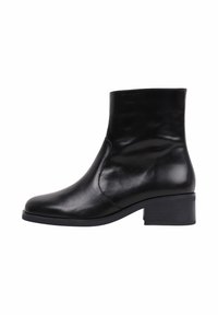 Black leather ankle boot with a rounded toe, minimal stitching, and a low block heel. Smooth texture with a shiny finish.