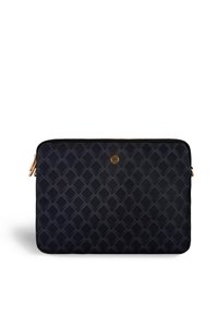 Custodia per laptop nera con motivo a incrocio in rilievo, tirazip in oro e piccolo logo rotondo dorato al centro anteriore.