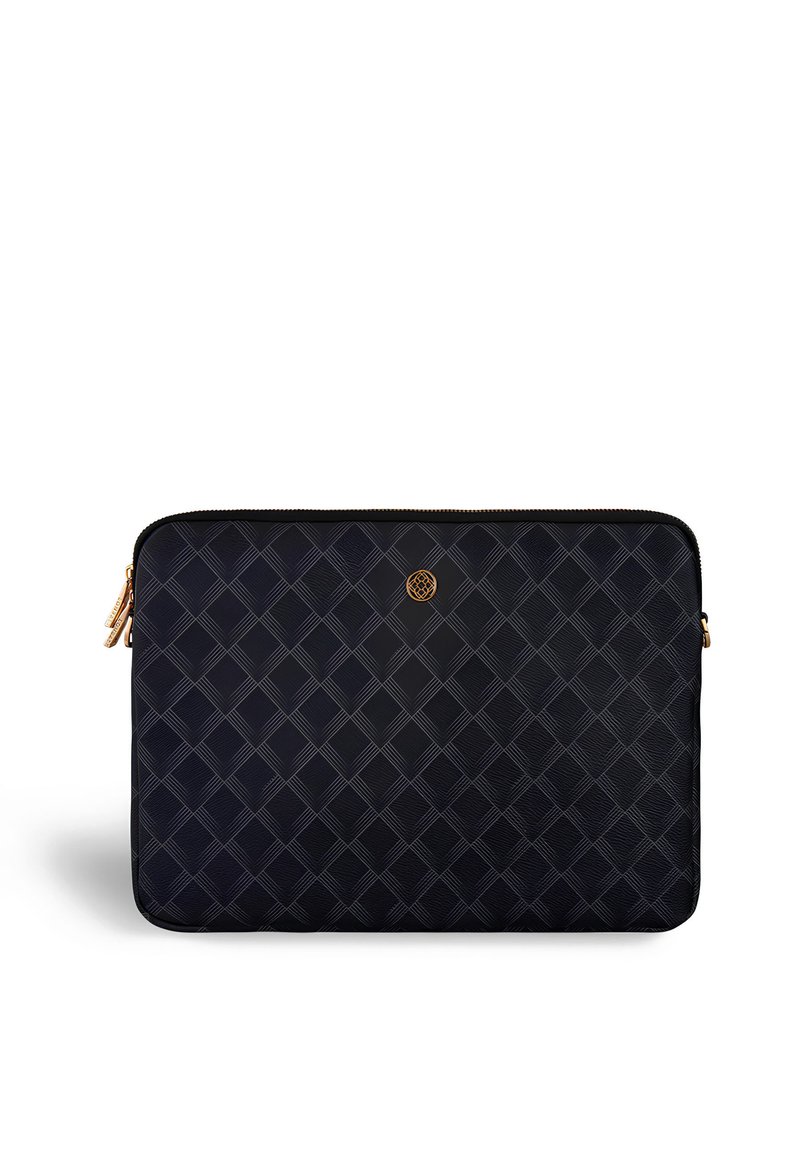 Custodia per laptop nera con motivo a incrocio in rilievo, tirazip in oro e piccolo logo rotondo dorato al centro anteriore.