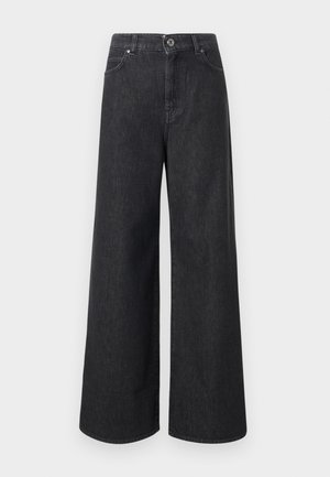 Svarta vida jeans med hög midja, knappar och dragkedja, framfickor och bältesöglor.