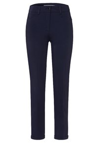 Pantalon bleu marine en tissu extensible, avec une coupe droite, des poches avant et une fermeture à un seul bouton.