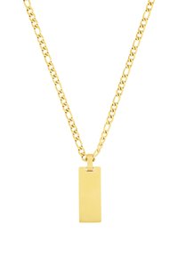 Collana con pendente in oro, caratterizzata da un pendente rettangolare spazzolato su una catena a maglie spesse, con finitura lucida e chiusura sicura.