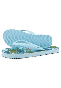 Light blue flip-flops with a floral pattern in shades of blue and green on the footbed. Textured sole for grip and soft, flat straps.