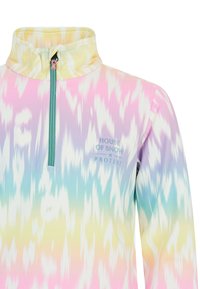 Lagani pulover s polu-zatvaračem izrađen od rastezljivog materijala s pastelnim tie-dye uzorkom; ima stojeći ovratnik i logo na prsima.