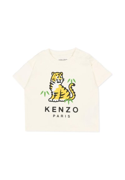 Crèmekleurig peuter T-shirt met een cartoon van een tijger, groene bladeren en "KENZO PARIS" gedrukt onder de tijger.