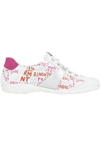 White sneaker with a pink heel and varied multicolor text patterns. Features silver accents and a lace-up design. Text is stylized and scattered.