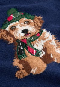 Gestrickter Pullover mit navyblauem Hintergrund, der einen bestickten braunen Hund zeigt, der einen grünen und roten Hut sowie einen Schal trägt, mit detaillierter Fellstruktur.