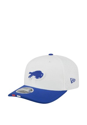 White and blue sports cap with a blue buffalo logo on front and New Era logo on the side.