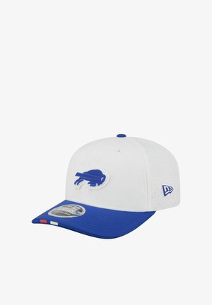 White and blue sports cap with a blue buffalo logo on front and New Era logo on the side.