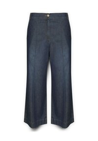 Dunkelblaue Denim-Hose mit weitem Bein und vorderem Knopfverschluss, ausgestattet mit gestickten Details und einer glatten Textur.