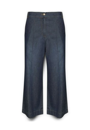 Dark blue denim wide-leg trousers with a front button closure, featuring stitched detailing and a smooth texture.