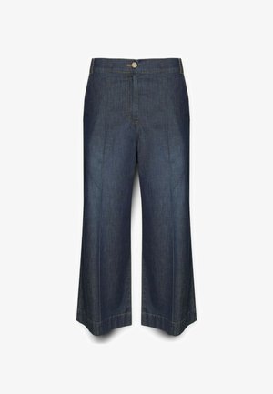 Ciemnoniebieskie dżinsowe spodnie o szerokich nogawkach z zapięciem na guzik z przodu, z przeszyciami i gładką fakturą.