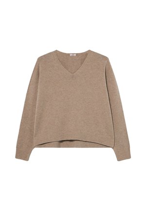Pulover tricotat bej, cu decolteu în V, umeri căzuți și tiv cu dungi. Textură moale și croială lejeră, cu detalii minimale.