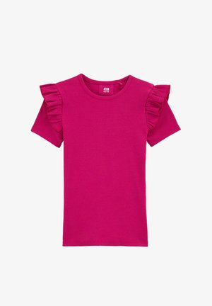 Fuksijasta rebrasta majica s kratkimi rokavi, okrašena z volančki na ramenih in klasičnim okroglim ovratnikom. Mehka tekstura, priložnostna zasnova.