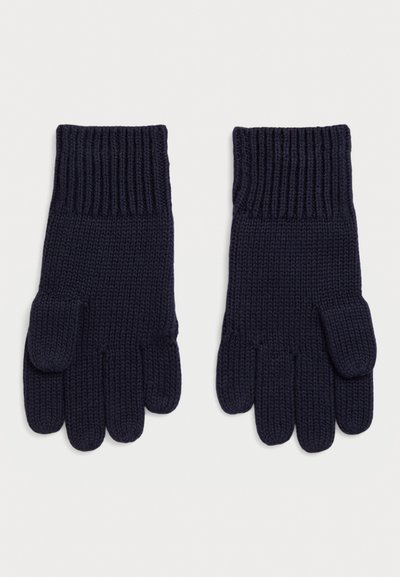 Luvas de malha azul marinho com punhos canelados, apresentando um design de cinco dedos. Feitas de material macio e texturado para aquecimento e conforto.